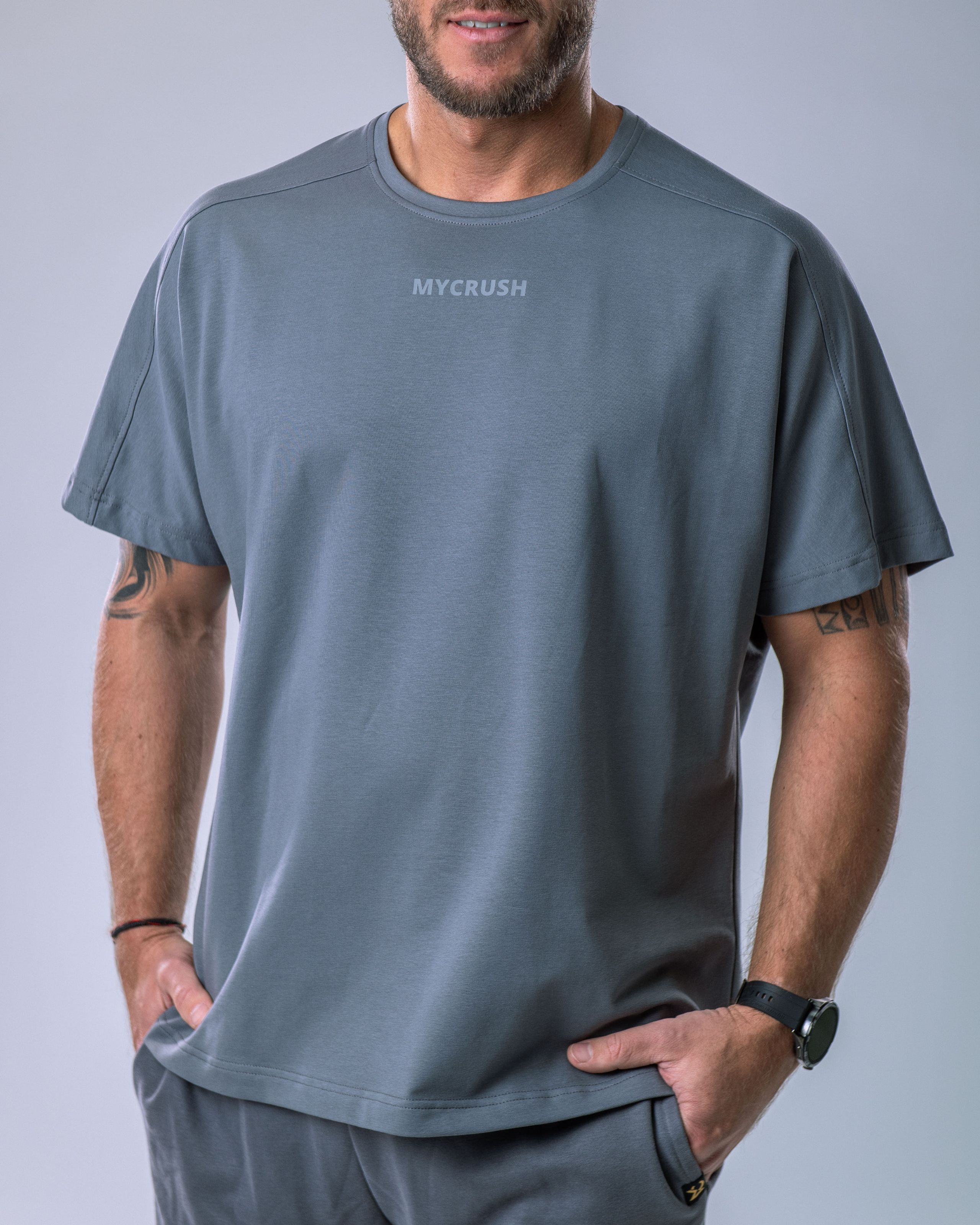 Pánské tričko oversize s malým potiskem šedé XL-1