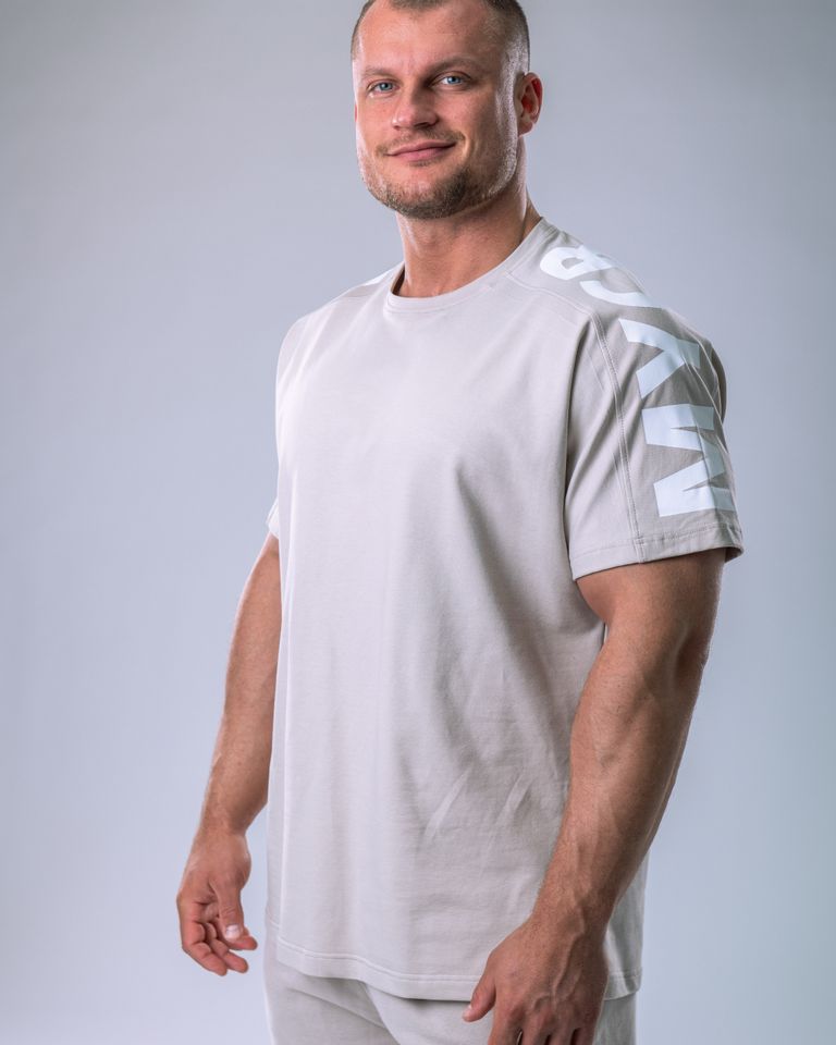 Pánské tričko oversize s velkým potiskem béžové XL-4