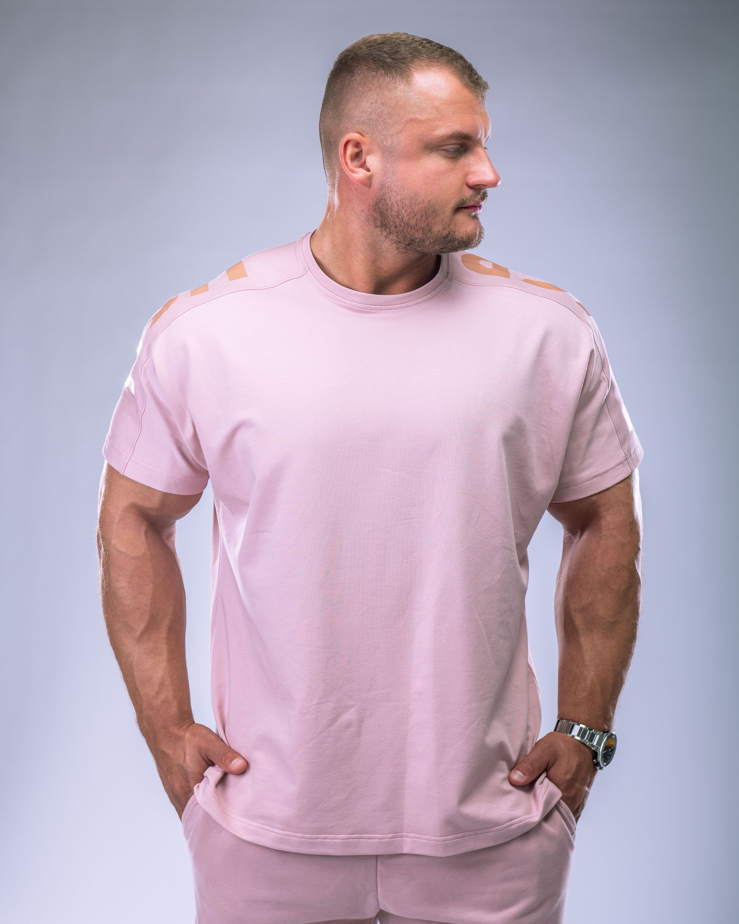 Pánské tričko oversize s velkým potiskem růžové L-5