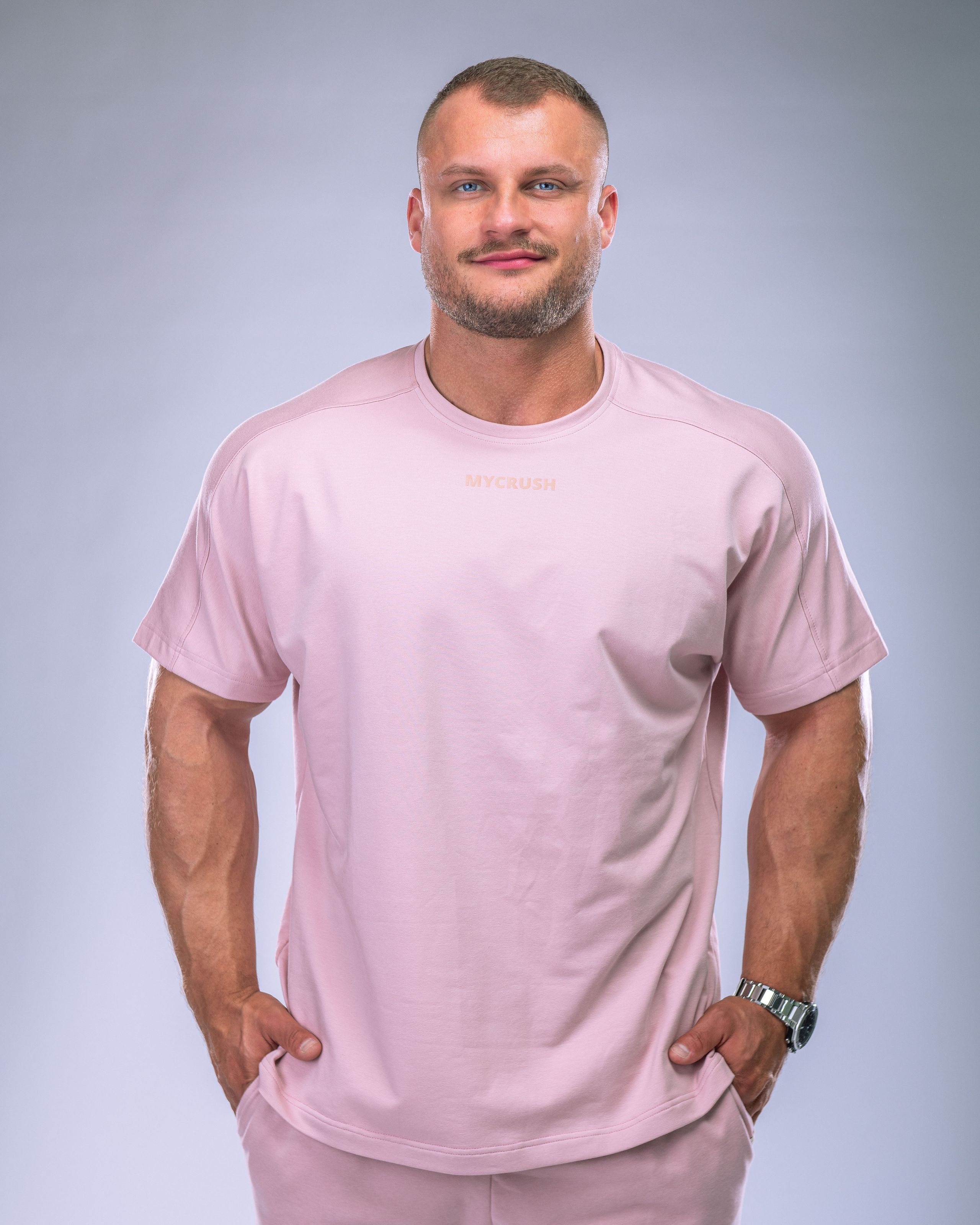 Pánské tričko oversize s velkým potiskem růžové L-8
