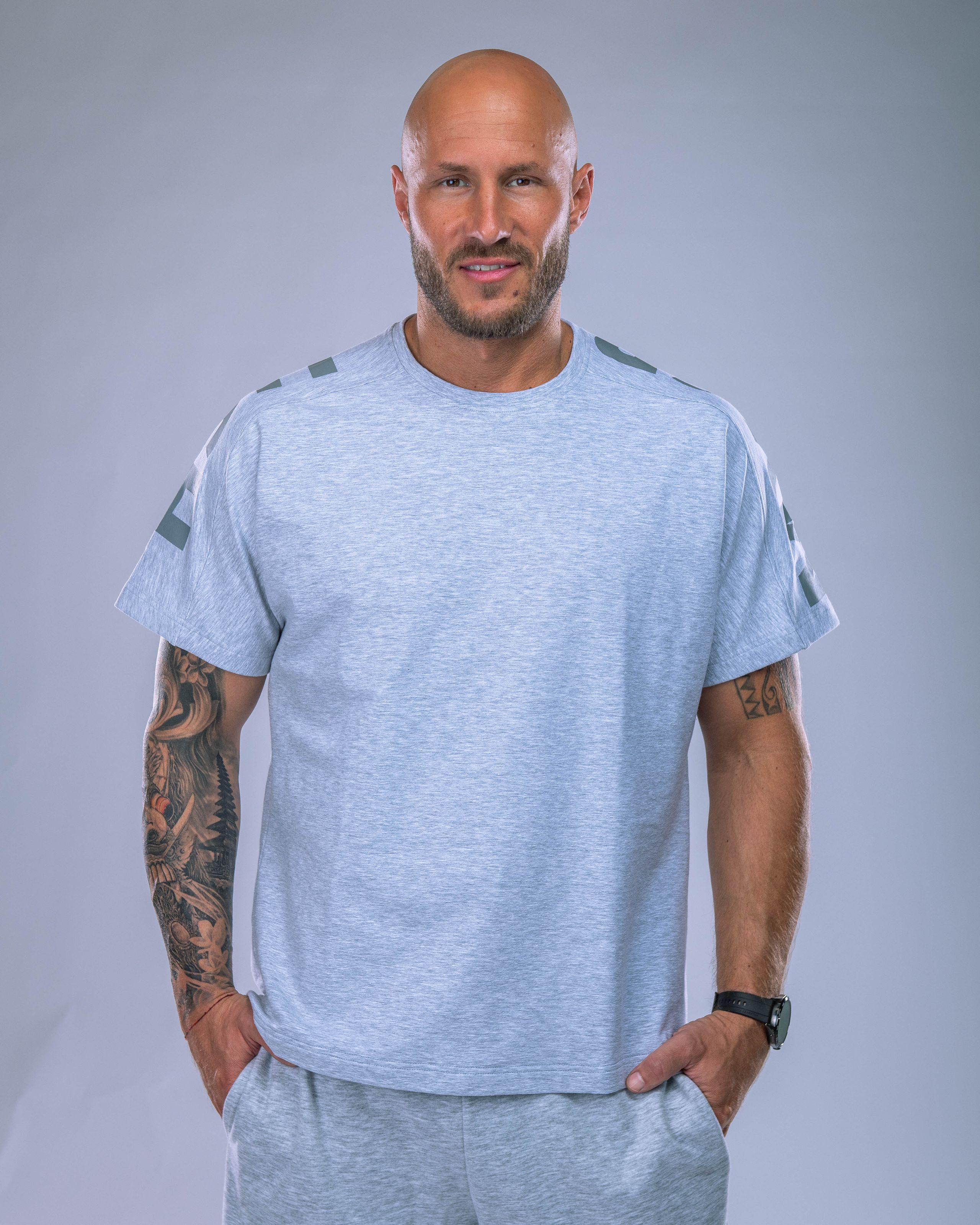 Pánské tričko oversize s velkým potiskem šedý melír M-0