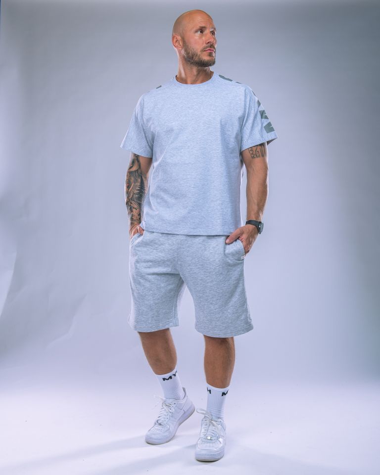 Pánské tričko oversize s velkým potiskem šedý melír M-1