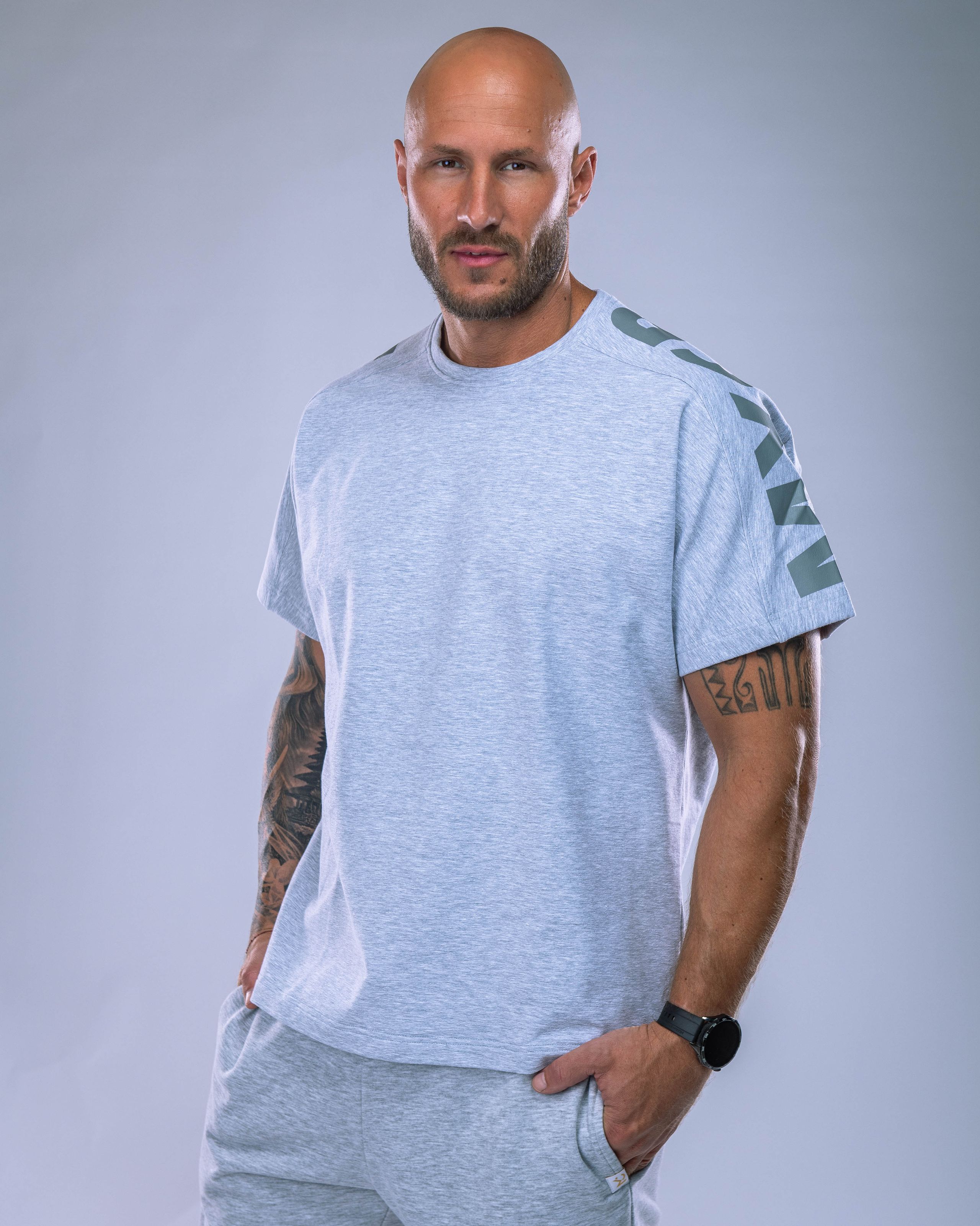 Pánské tričko oversize s velkým potiskem šedý melír M-3